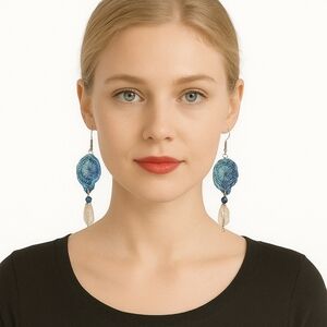 Handmade Crochet Dangle Earrings Ocean Blue Boho Fiber knit Art Mermaidcore USA